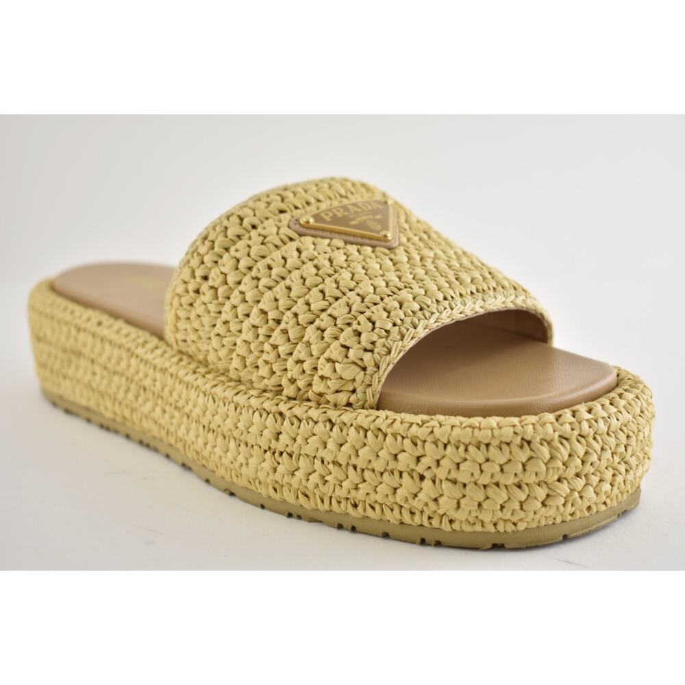 Prada Crochet Raffia Platform Slide Natural Beige Logo Mule Wedge Sandal 40 - Picture 6 of 16